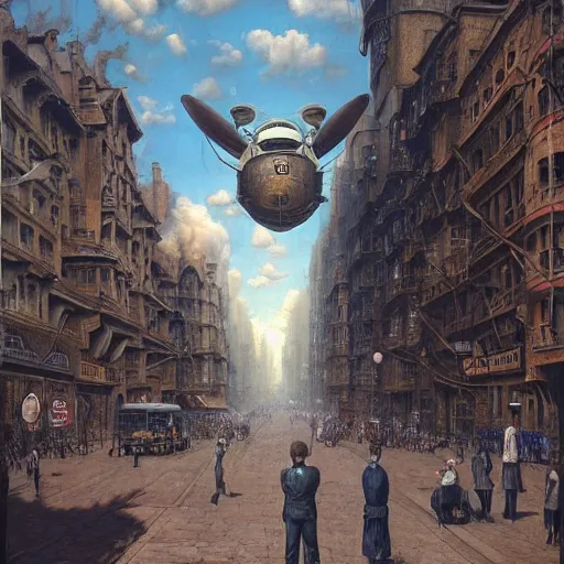Prompt: a hyperrealistic painting of a steampunk airship pilot standing in the street of a bustling city, blue skies, by john kenn mortensen and zdzislaw beksinski, highly detailed, vivid color,