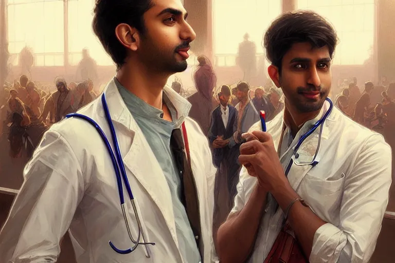 Image similar to Anxious good looking pale young Indian doctors wearing American clothes at the airport, portrait, elegant, intricate, digital painting, artstation, concept art, smooth, sharp focus, illustration, art by artgerm and greg rutkowski and alphonse mucha