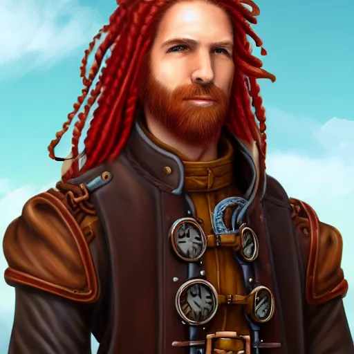 Prompt: portrait of a rugged!!!! male sailor with long red hair!!!!!!, upper body, loose braids, handsome, leather coat, side profile, Steampunk airship!!!!!!!, D&D, fantasy, simple clothing!!!!, elegant, highly detailed, digital painting, deviantart, artstation, concept art, sharp focus, illustration, art by Artgerm and Greg Rutkowski and Alphonse Mucha