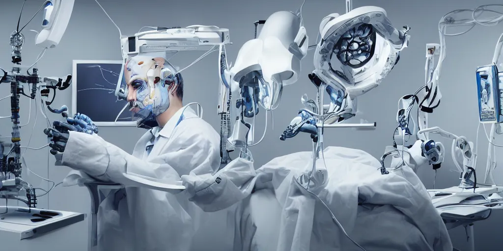 Prompt: a face transplant in an operating room with robotic surgeons with a lot of circuits and wires , photorealistic,by Wlop,4k resolution