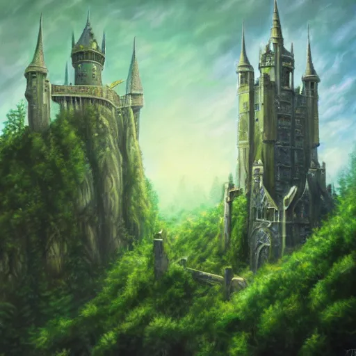 Prompt: light oil painting of tolkien inspired high castle with wizard towers and walls, elegant architecture on top of a green forest, artstation