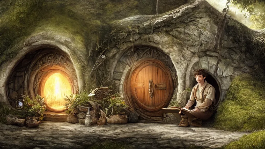 Prompt: frodo writing in his journal inside his hobbit hole bag end at the end of his journey, hobbiton visible through a window, by alan lee, michal karcz, smooth details, lord of the rings, game of thrones, smooth, detailed terrain, oil painting, trending artstation, concept art, fantasy matte painting, over the shoulder camera shot
