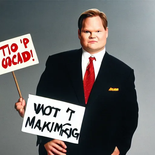 Prompt: Andy Richter is wearing a chocolate brown suit and necktie, holding a sign that reads Stop making these images of me of I WILL tell Conan!! Andy has a stern look on his face