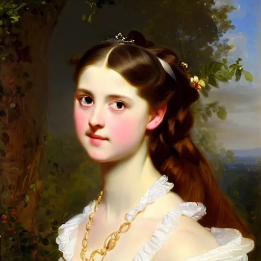 Image similar to portrait of a german teenage princess, circa 1 8 5 0 by franz xaver winterhalter, highly detailed, beautiful, oil on canvas, 1 8 5 0 s, romanticism