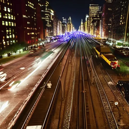 Image similar to Busy new york city street full of cars at night ,futuristic industrial train on bridge over street, still photo