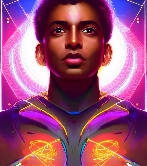 Image similar to symmetry!! egyptian prince of technology, solid cube of light, hard edges, product render retro - futuristic poster scifi, lasers and neon circuits, brown skin man egyptian prince, intricate, elegant, highly detailed, digital painting, artstation, concept art, smooth, sharp focus, illustration, dreamlike, art by artgerm