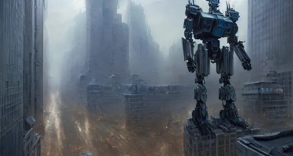 Image similar to hyper realistic sci - fi matte concept art painting of mecha standing on top of a building overlooking war in the streets, beautiful details, strong composition painted by kim jung guweta studio rutkowski, james gurney and greg rutkowski, and lucasfilm, smooth, intricate, detailed, sharp focus, cinematic