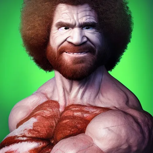 Image similar to full body portrait , photomanipulation of BOB ROSS as hulk with human flesh, marvel, fully detailed, volumetric lightening, octane render, 8k, masterpiece, epic composition