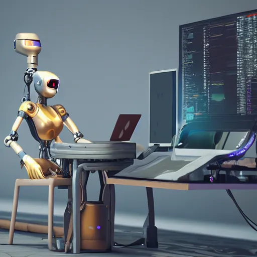 Image similar to a female metalic robot painting a picture of a website designer sat at a computer desk, 4k, unreal 5