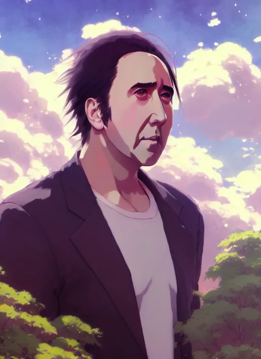 Image similar to portrait of nicolas cage, cloudy sky background lush landscape illustration concept art anime key visual trending pixiv fanbox by wlop and greg rutkowski and makoto shinkai and studio ghibli