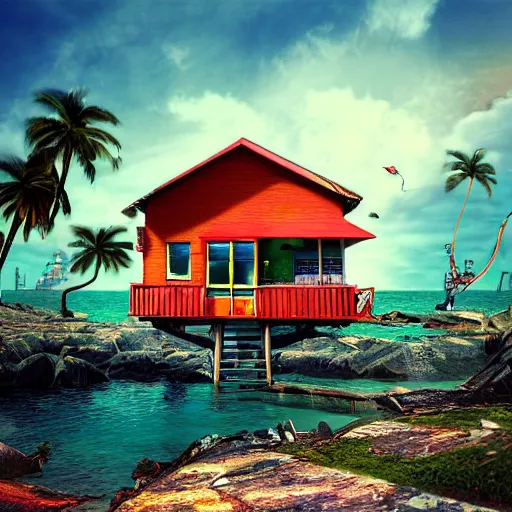 Image similar to Gorillaz Plastic Beach house on island, Realistic, HDR, 2010 style,,