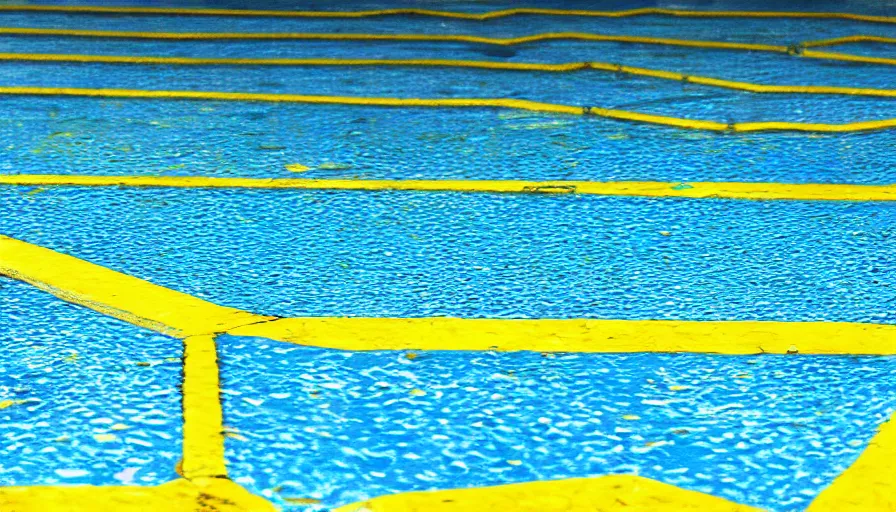 Prompt: 1 9 6 0 s movie still of an empty blue and yellow tiles municipal swimmingpool, high quality, high detail, liminal space style