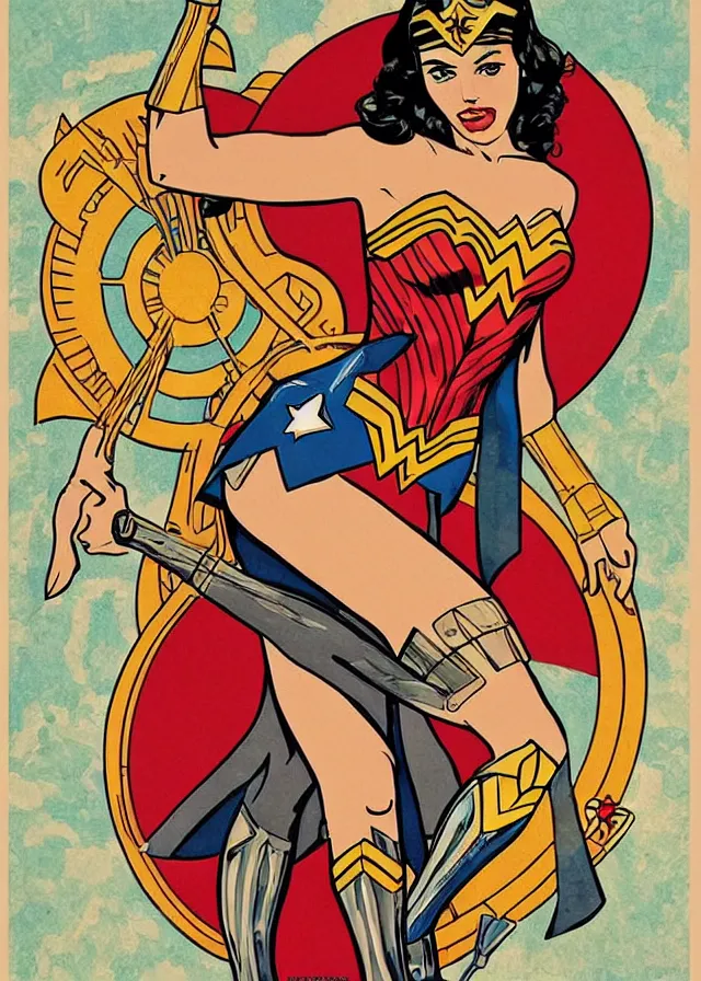 Image similar to wonder woman movie poster print, pin up, collage, canvas art print, minimalist art, art deco, art nouveau, mucha, fibonacci