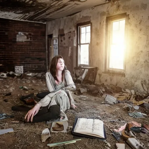 Image similar to a young woman finds a dusty diary on the floor of an abandoned farmhouse, post apocalyptic