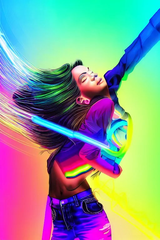 Image similar to a award winning half body portrait of a beautiful woman with stunning eyes in a croptop and cargo pants with rainbow colored ombre hairstyle head in motion and hair flying by thomas danthony, outlined by whirling illuminated neon lines, outrun, vaporware, shaded flat illustration, digital art, trending on artstation, highly detailed, fine detail, intricate