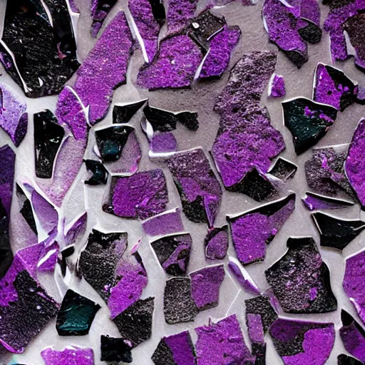 Prompt: purple shattered paint!, broken glass!!, lava!!!, conglomerate!, slush!!, organized composition!, abstract sculpture!!!!, black backdrop, 4k, award-winning photo!!!!!!!!!!!!