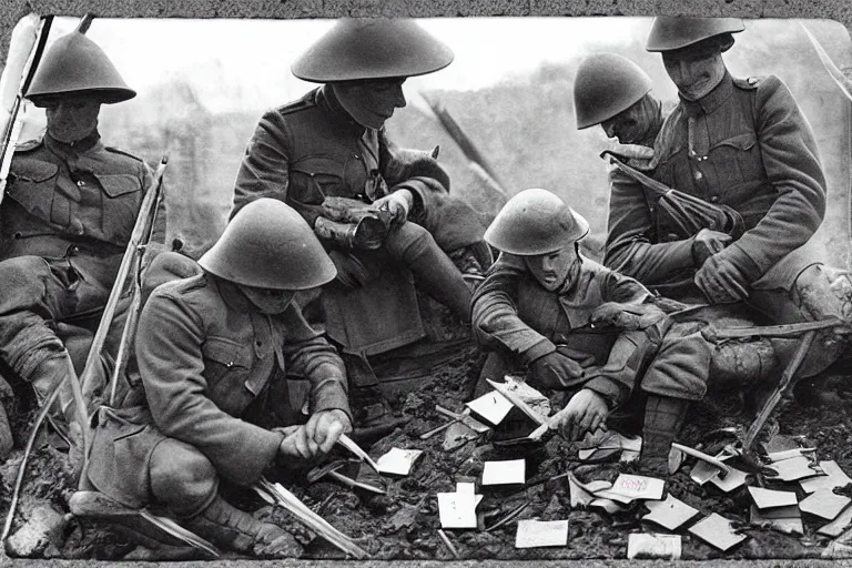 Prompt: old monochromatic photograph of Wolverine and Spider-Man playing cards in a WW1 trench