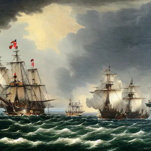 Prompt: trafalgar naval battle, stormy weather