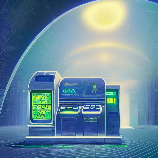 Image similar to An Illustration of a futuristic ATM of Solana cryptocurrency, by James Gilleard and Bruce Pennington, highly detailed,