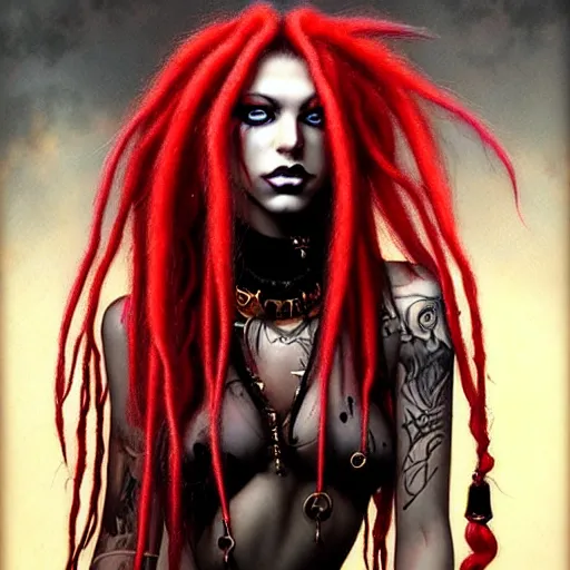 Image similar to portrait of flawless beautiful female cybergoth with blonde and red dreadlocks, dark, piercing eyes, exotic expression, esoteric clothing, photorealistic, highly detailed, mysterious lighting, artstation, smooth, sharp focus, art by michael whelan, artgerm, greg rutkowski and luis royo