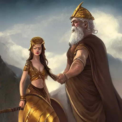 Image similar to tiny Emma Stone as ancient greek woman in golden helmet standing on giant grey-haired bearded male face in the sky, epic fantasy style art, fantasy epic digital art