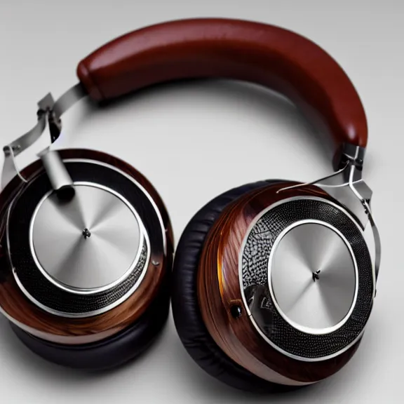 Image similar to masterpiece photo of beautiful hand crafted artistic detailed transparent headphones, bismuth metal, electronics see through, plush leather pads, displayed on mahogany desk, modernist headphones, bismuth beautiful well designed, hyperrealistic, audiophile, intricate hyper detail, extreme high quality, photographic, audeze, sennheiser, raal, bang olufsen, abyssal