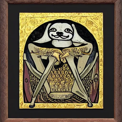 Prompt: sloth as the king of cups, framed, intricate details, medieval art style