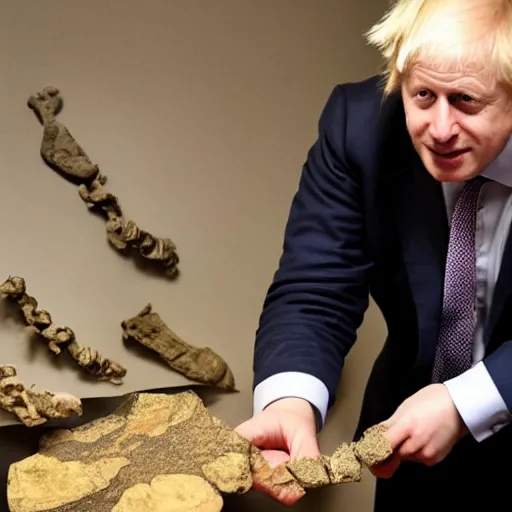 Image similar to boris johnson stealing fossils from a museum