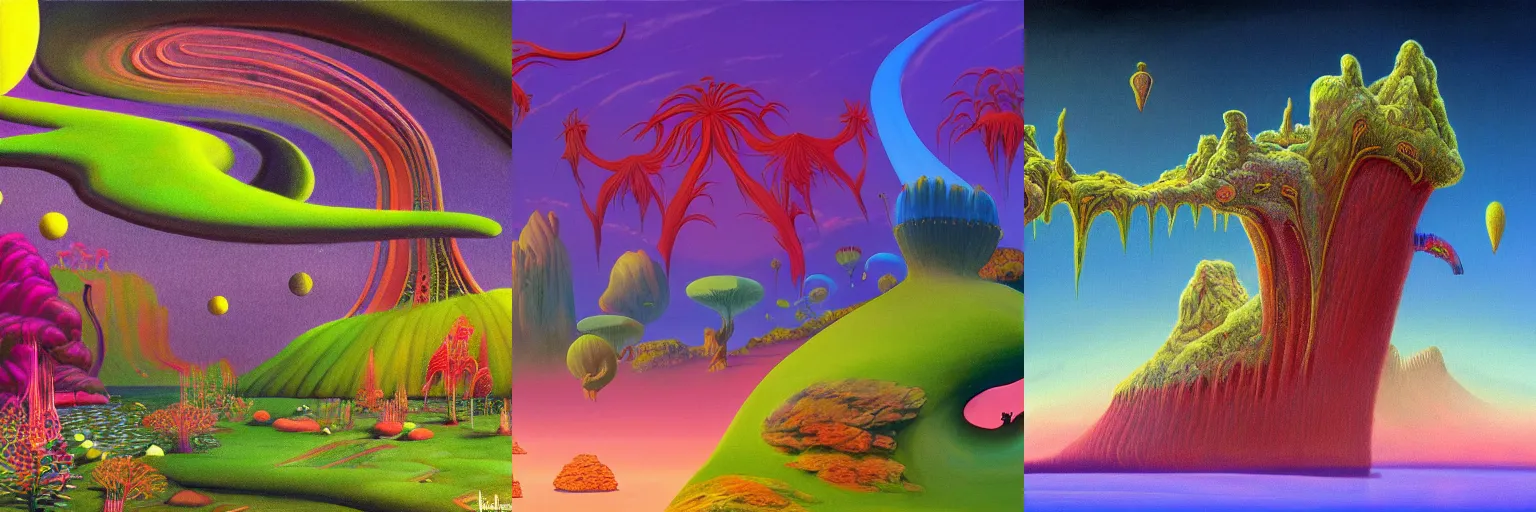 Prompt: A painting of a dreamland in the style of Roger Dean, 8K concept art, psychedelic, digital art