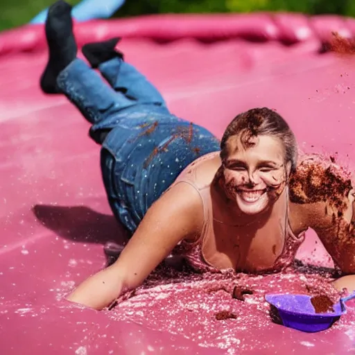 Prompt: person sliding through chocolate pudding head first, slip n slide, professional photo, funny