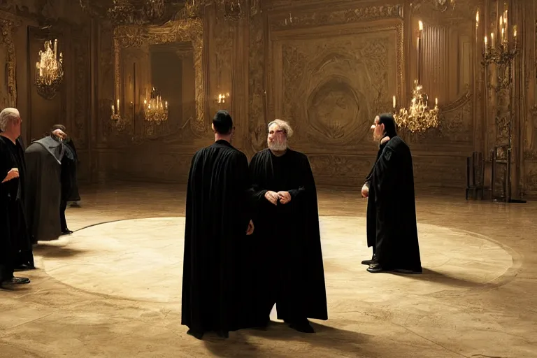 Image similar to a man in black robes interrupts a a dark convention stage podium, under the spotlight by joaquin sorolla, roger deakins, cinematography