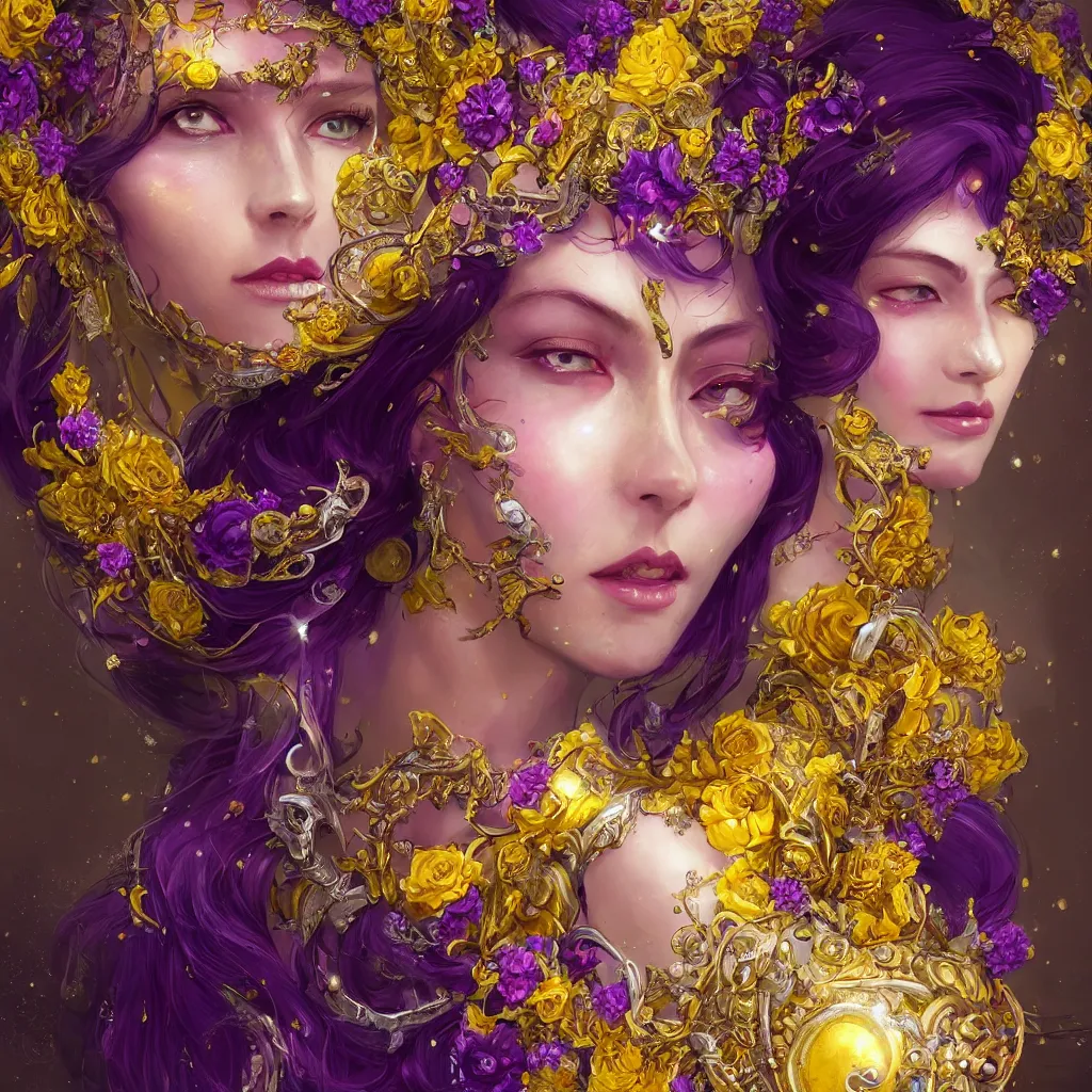 Prompt: realistic character concept, the empress with lots of jewelry and yellow and purple flowers in the face, elegant pose, scifi, illustration, slender symmetrical face and body, artstation, cinematic lighting, hyperdetailed, 8 k, high resolution, inspirate by charlie bowater, tom bagshaw, insanely detailed and intricate, elegant, dark fractal background, vfx, art deco, postprocessing