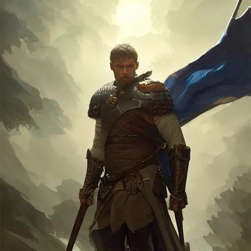 Image similar to Ranger marching toward the viewer, male, muscular, blue eyes!!!!, straight nose!!!, detailed face, exposed thighs!!!, fantasy, medieval, highly detailed, painting by greg rutkowski