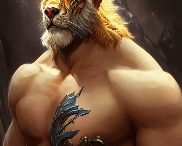 Image similar to chest tattoo of a sabretooth, deep focus, d & d, fantasy, intricate, elegant, highly detailed, digital painting, artstation, concept art, matte, sharp focus, illustration, hearthstone, art by artgerm and greg rutkowski and alphonse mucha