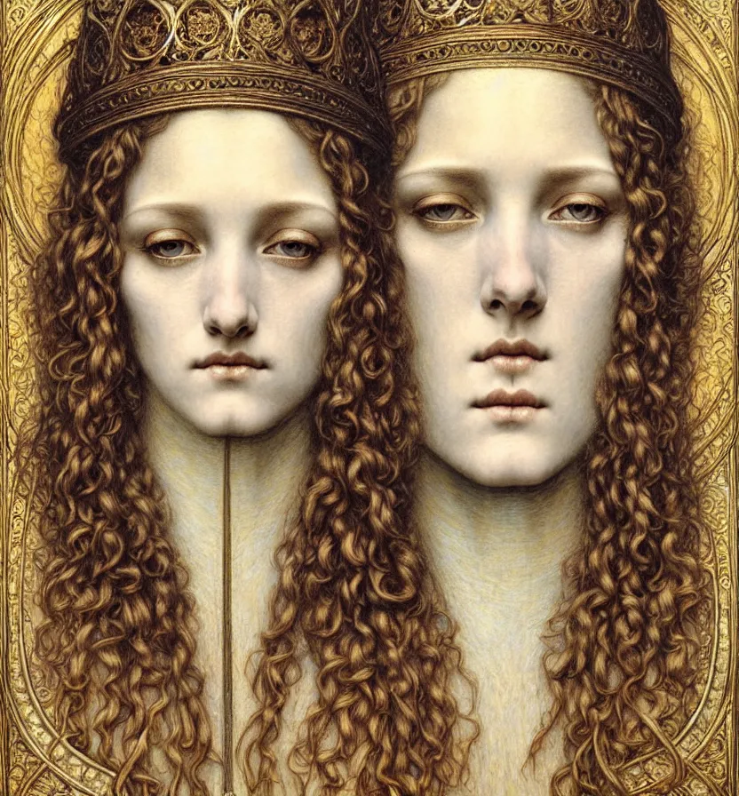 Image similar to detailed realistic beautiful young medieval queen face portrait by jean delville, gustave dore and marco mazzoni, art nouveau, symbolist, visionary, gothic, pre - raphaelite. horizontal symmetry