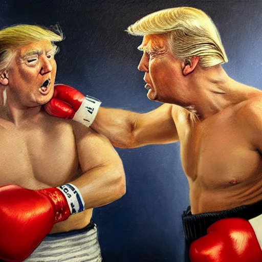 Prompt: a beautiful painting of donald trump fist - fighting joe biden in a boxing ring, rendered art, highly detailed painting by gaston bussiere, craig mullins, j. c. leyendecker 8 k, trending on artstation, art, fighting, watercolor