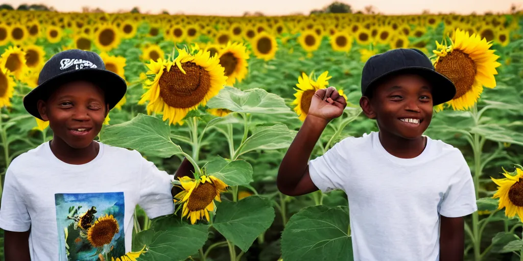 Prompt: a black boy with white t - shirt and green jeans and a green cap standing in a sunflower field with bees flying around him while sun is setting in the background, professional photography