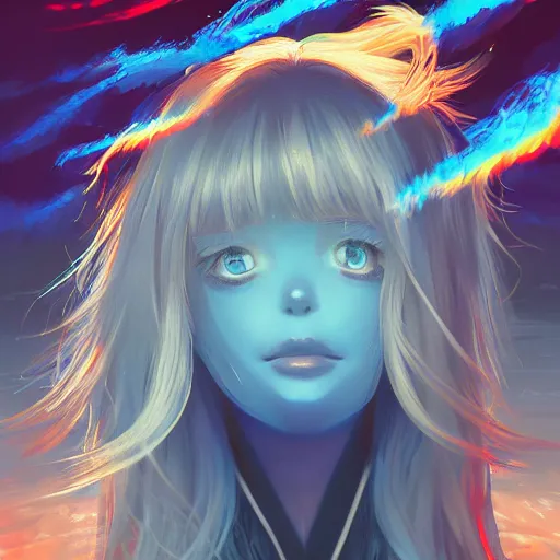 Image similar to water dripping on rimuru tempest, heavenly ripples, sky blue straight hair, bangs, with amber eyes, black jacket, high collar, ultra detailed, euphoric, masterpiece, digital painting, psychedelic, cinematic, wlop, pixiv, swirly, ilya kuvshinov, ross tran