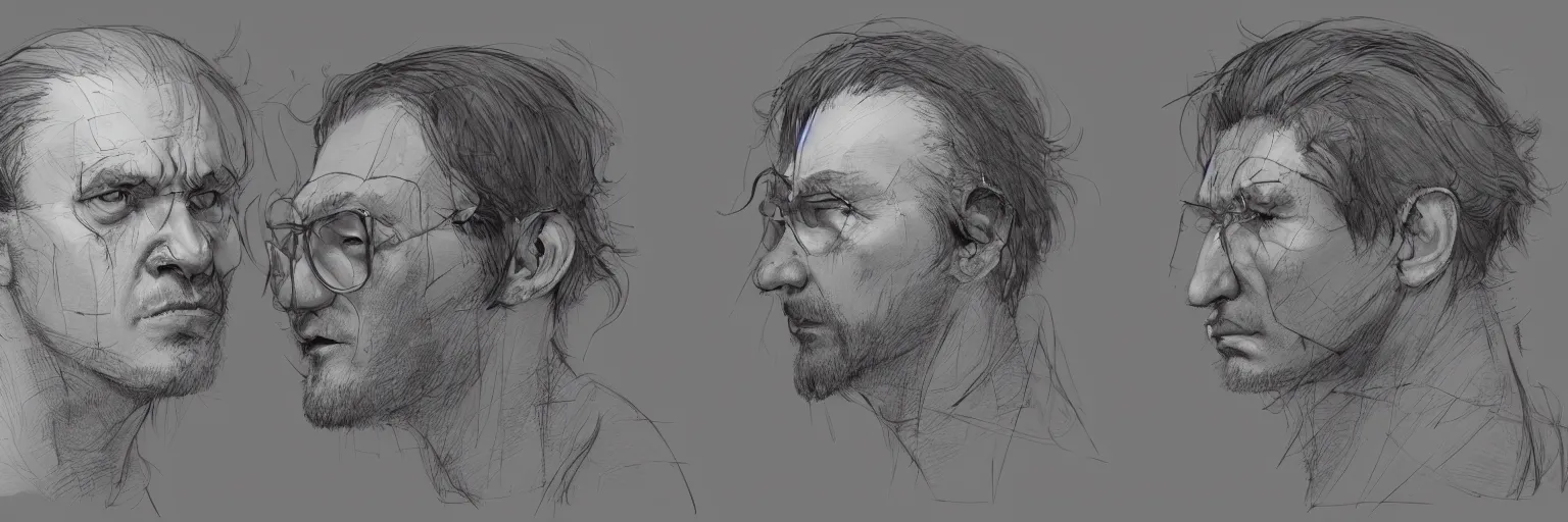 Image similar to character faces, realistic lars von trier face, character sheet, fine details, concept design, contrast, kim jung gi, greg rutkowski and da vinci, trending on artstation, 8 k, emotional, face turnaround, front view, back view, side view, ultra wide angle