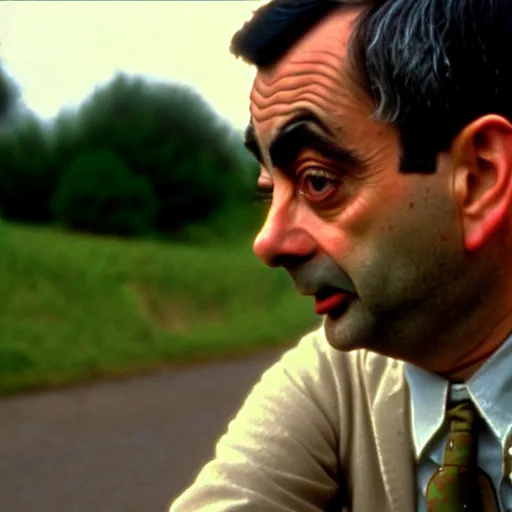 Prompt: mr. bean as forest gump. movie still. cinematic lighting.