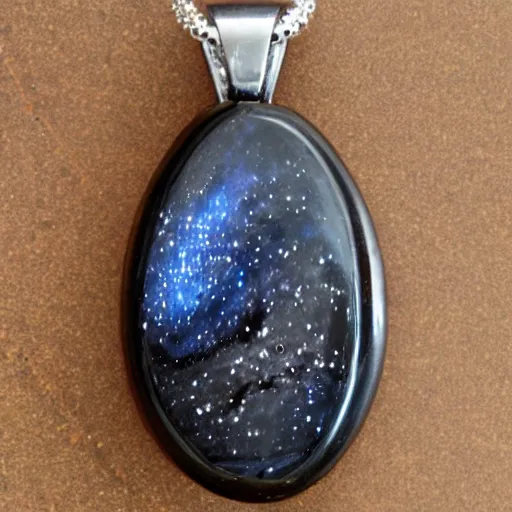 Prompt: an intricate ebony pendant in front of the milky way galaxy