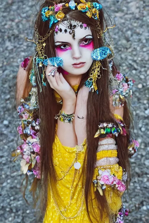 Prompt: light bohemian teen pinterest floral fantasy fashion zine photography, teen magical girl girl styled in a yellow and silver patterned bright dress layers geometric festival face paint and ornate crystal chain jewelry headpiece, elaborate enchanted ritual scene, wide shot