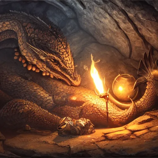 Prompt: a very old dragon laying down near her loot, in a cave, dark - lit with torches along the walls, with many gold coins, many treasures, piled around, very high detail, 8 k, artstation