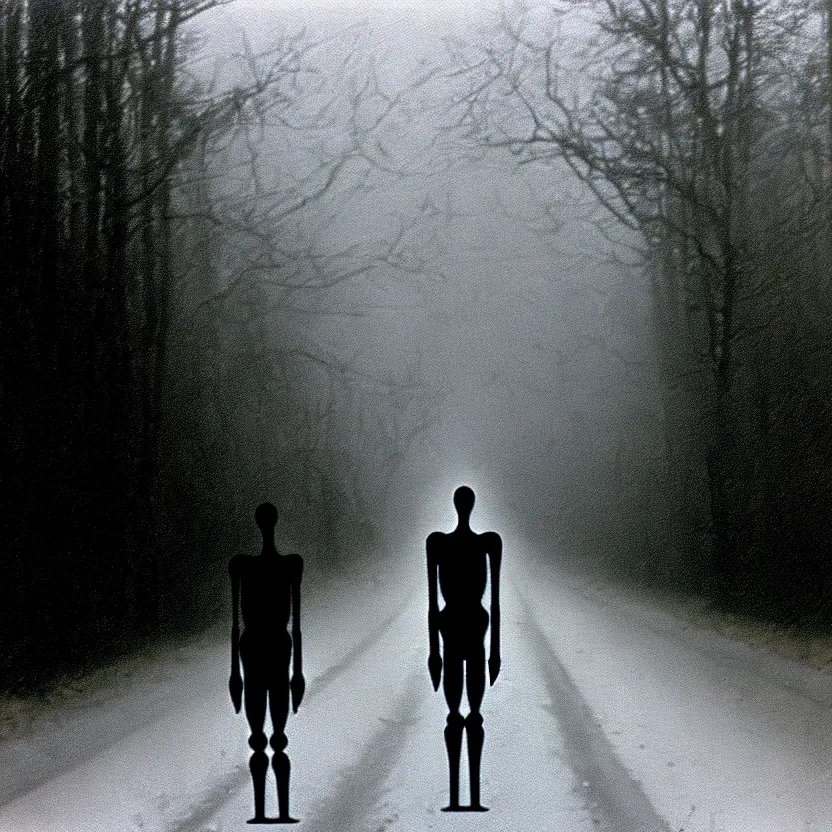 Prompt: 2 0 0 1 camcorder footage of a skinless figure standing silently on the side of a misty road