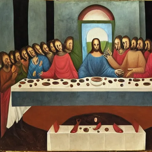 Prompt: The Last Supper, Leonora Carrington, oil on wood, 1451