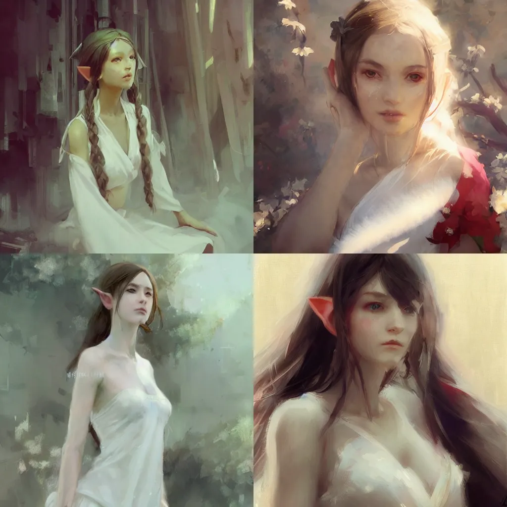 Prompt: beautiful elf girl in white dress, portraiture, by krenz cushart and ruan jia