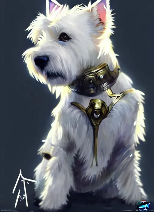 Prompt: a west highland white terrier, anime art style, wearing futuristic, led - lit armor, and a cannon mounted on his back, portrait, high detail, sharp focus, digital painting, artstation, concept art, art by hayao miyazaki and artgerm and greg rutkowski and alphonse mucha.