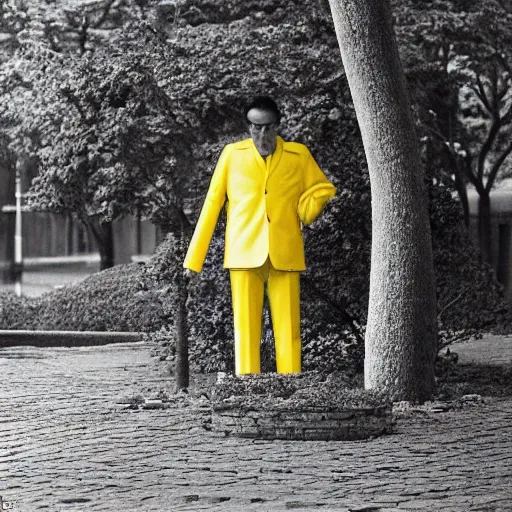 Image similar to bright yellow aesthetic, imposing by suehiro maruo, by eero saarinen. a photograph of a man caught in a storm, buffeted by wind & rain. he clings to a tree for support, but the tree is bent by the force of the storm. he is soaking wet. his face is contorted with fear & effort.