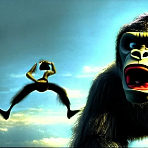 Image similar to mr. bean as king kong. movie still. cinematic lighting.