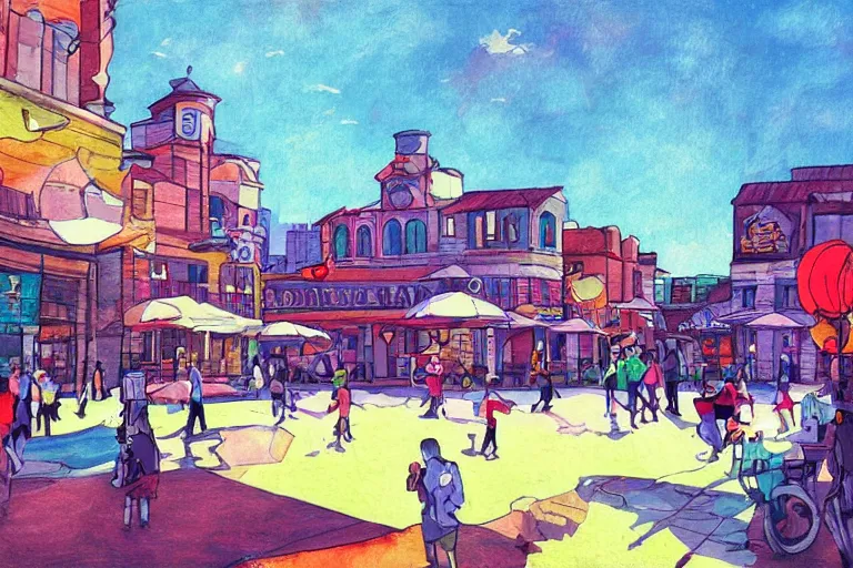 Image similar to townsquare in a sunny day, artwork by tooth wu, colorful high contrast, very coherent, dark shadow, thick lineart